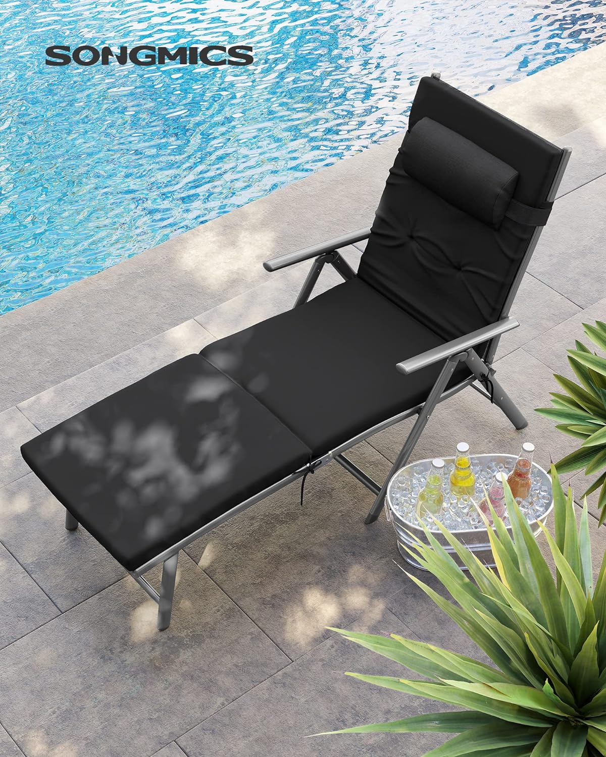 SONGMICS Sezlong pliabil, cu saltea groasa si tetiera, spatar reglabil, maxim 150kg, 183x60x39cm, negru