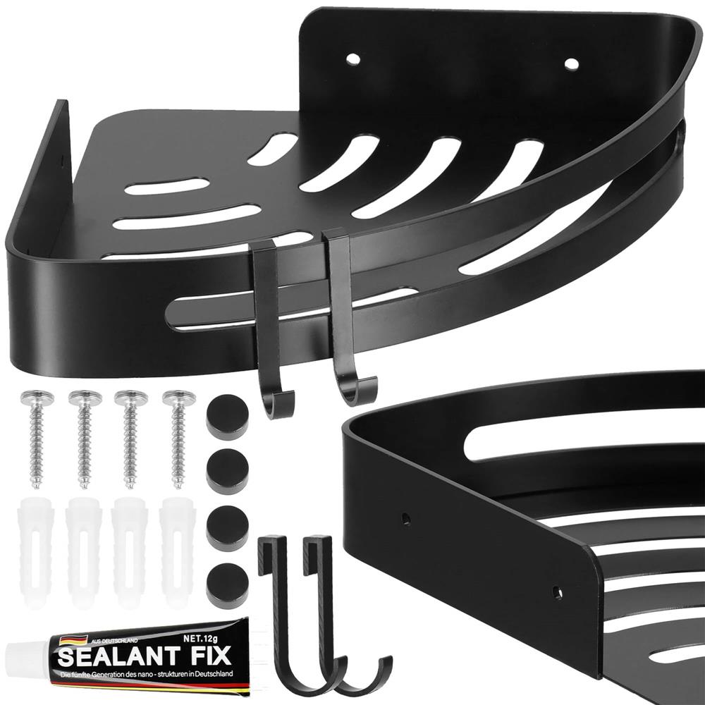 Raft de baie pentru colt cu 2 sisteme instalare pe perete, aluminiu, 30x22x4cm, negru