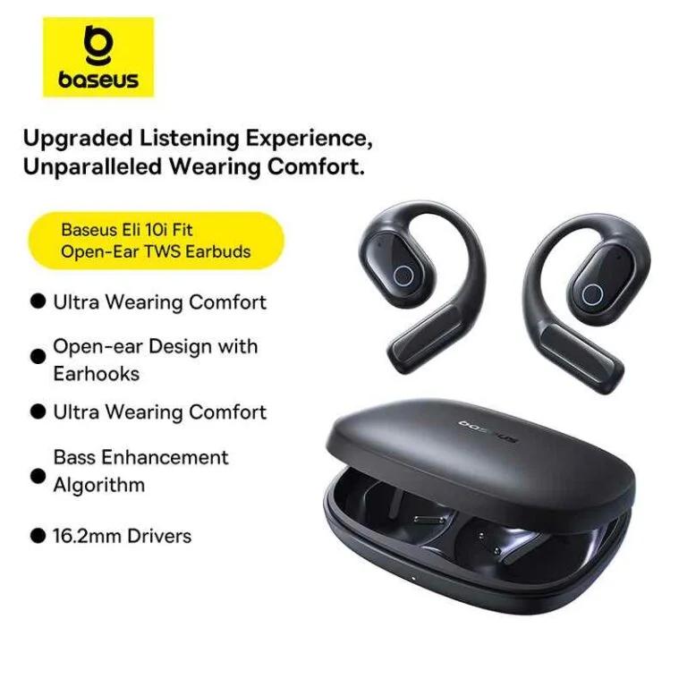 CASTI Baseus Bowie Eli 2i Fit Open-Ear True Wireless, on ear, pt smartphone, microfon pe casca, conectare prin Bluetooth 6.0, negru "A0102604" (timbru verde 0.18 lei) - 6932172696931