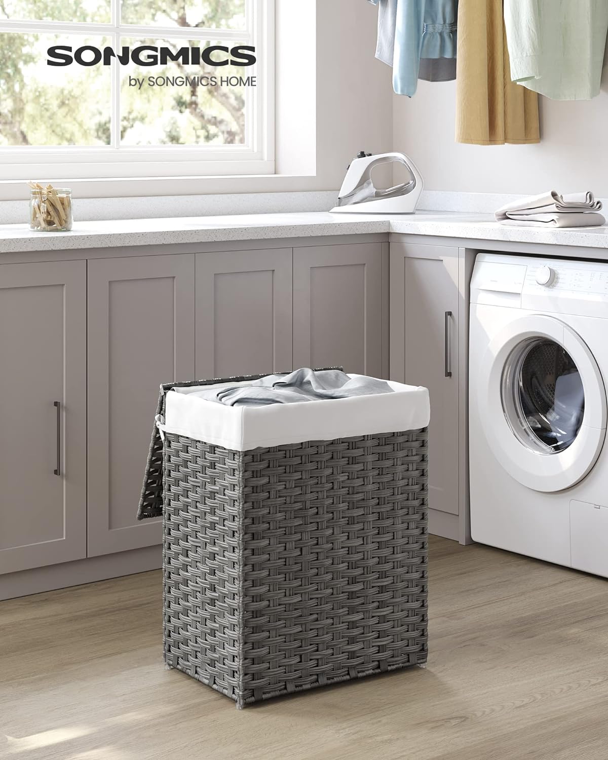 SONGMICS Cos de rufe din ratan sintetic cu capac, sac detasabil, volum 90L, 46x33x60cm, gri