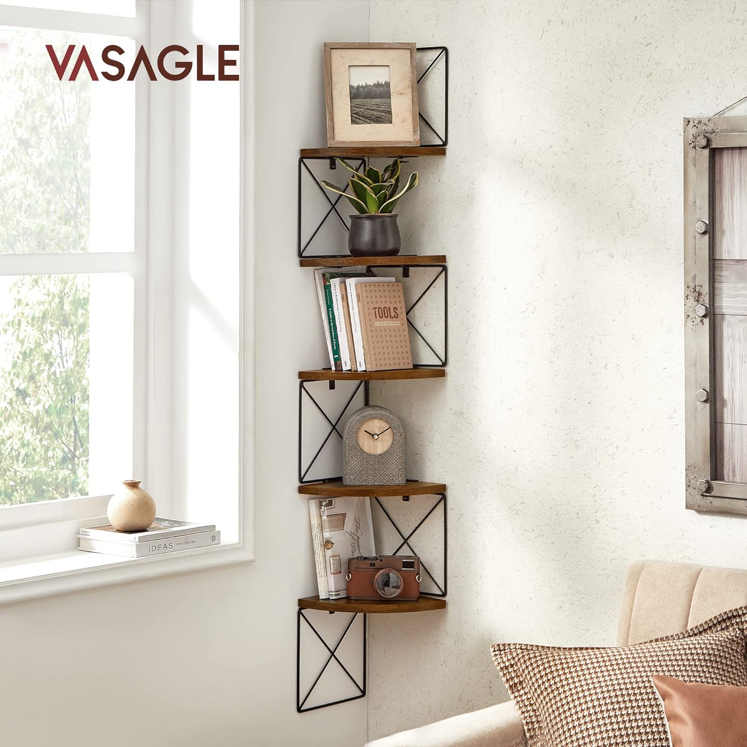 Raft de perete pentru colt, cadru otel cu 5 etaje din MDF, 20x20x128cm, maro rustic si negru