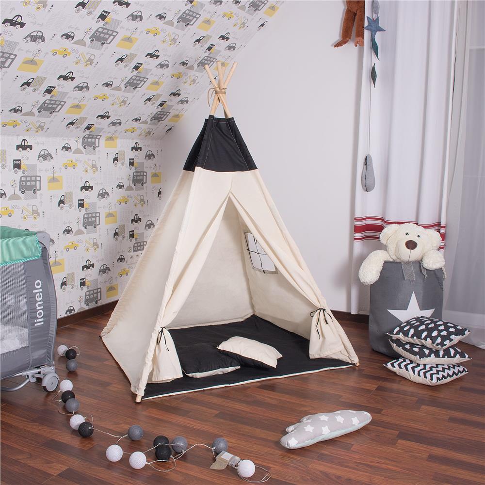 Cort copii Sersimo stil indian Teepee Tent cu fereastra, covoras gros si 2 perne, alb negru