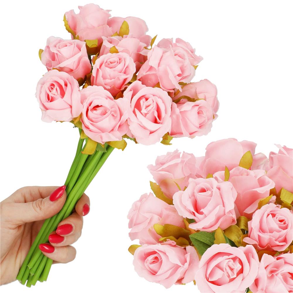 Buchet de flori artificiale din poliester, 12 fire trandafiri, 26cm, roz - 3