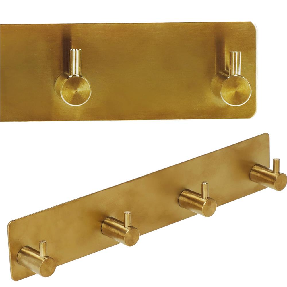 Cuier de baie pentru prosoape, montare fara gaurire, otel, 4 agatatori, 24x4.5cm, auriu