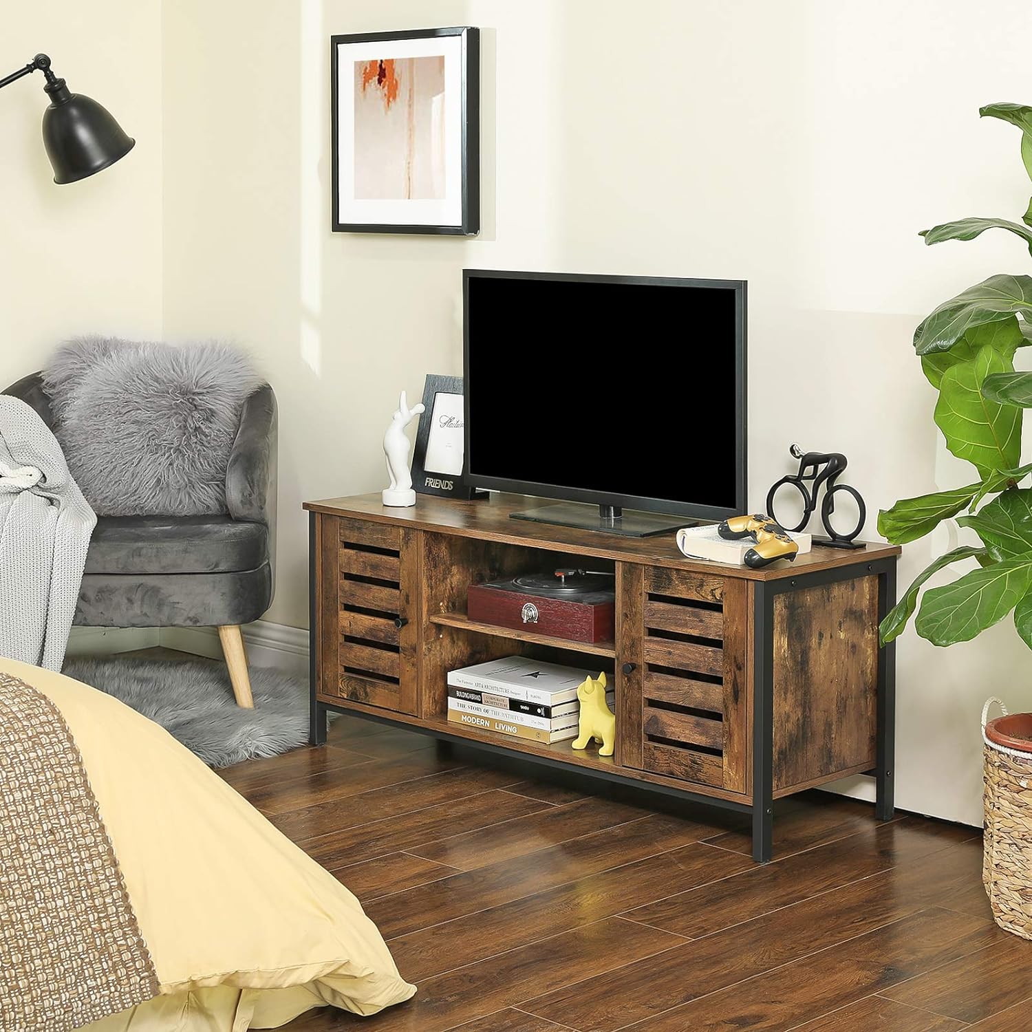 Comoda joasa pentru suport TV, cu rafturi si 2 spatii de depozitare cu usa, stil industrial, 110x40x50cm, maro rustic si negru