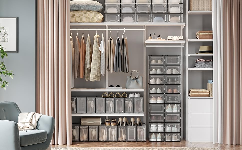 SONGMICS Cutii de pantofi, set de 18 organizatoare stivuibile, structura rezistenta ABS, 34x23x14cm, transparent si negru