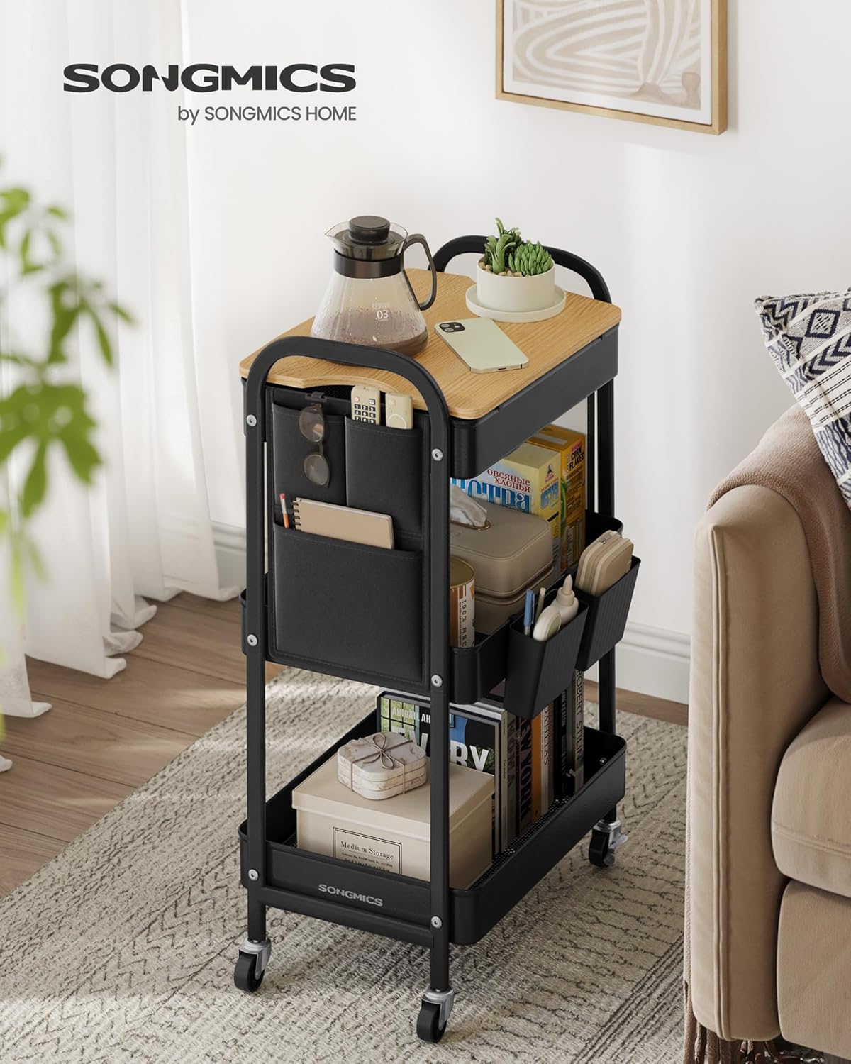 SONGMICS Raft de depozitare mobil tip carucior rulant, pentru baie sau bucatarie, cadru otel cu blat MDF, 31x44x74 cm, negru