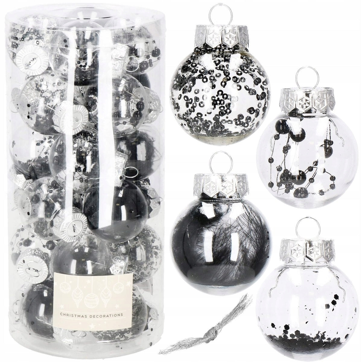 Set globuri de Craciun Inedit, 24 bucati, 5cm, transparente cu interior negru