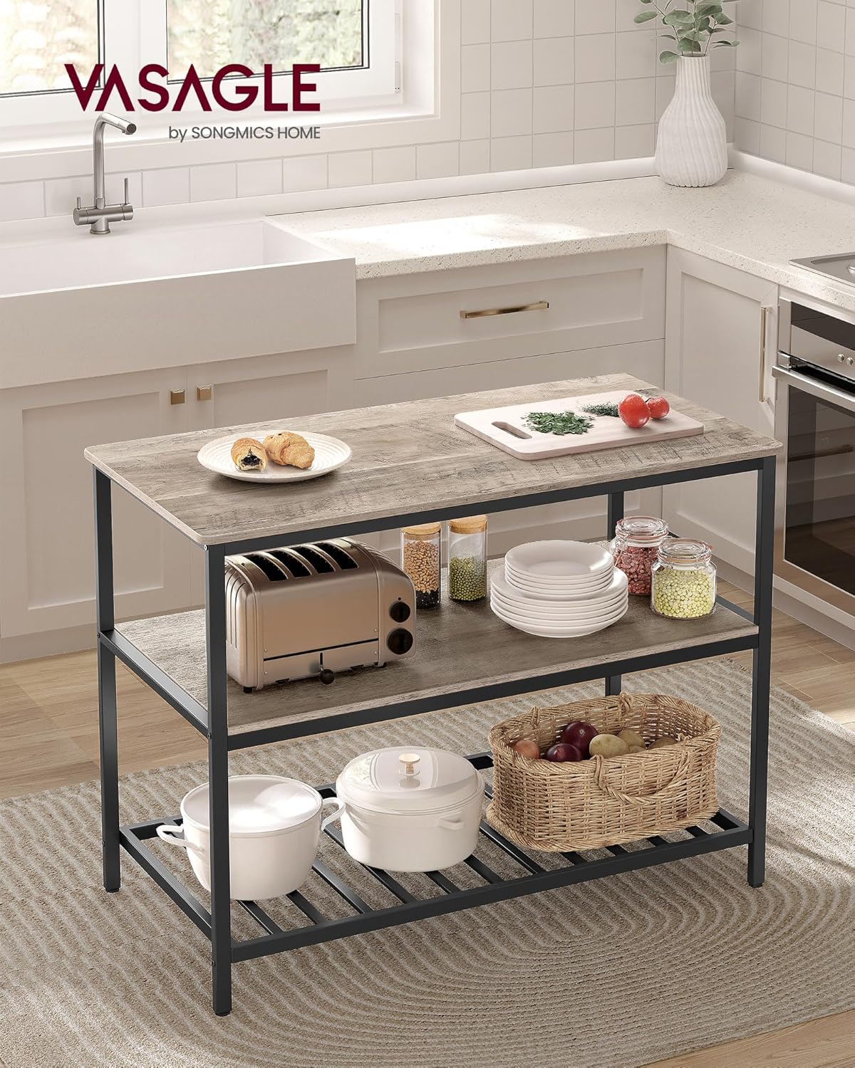 VASAGLE Raft de bucatarie tip insula, cadru de otel cu 3 nivele, stil industrial, 60x120x90cm, gri stejar