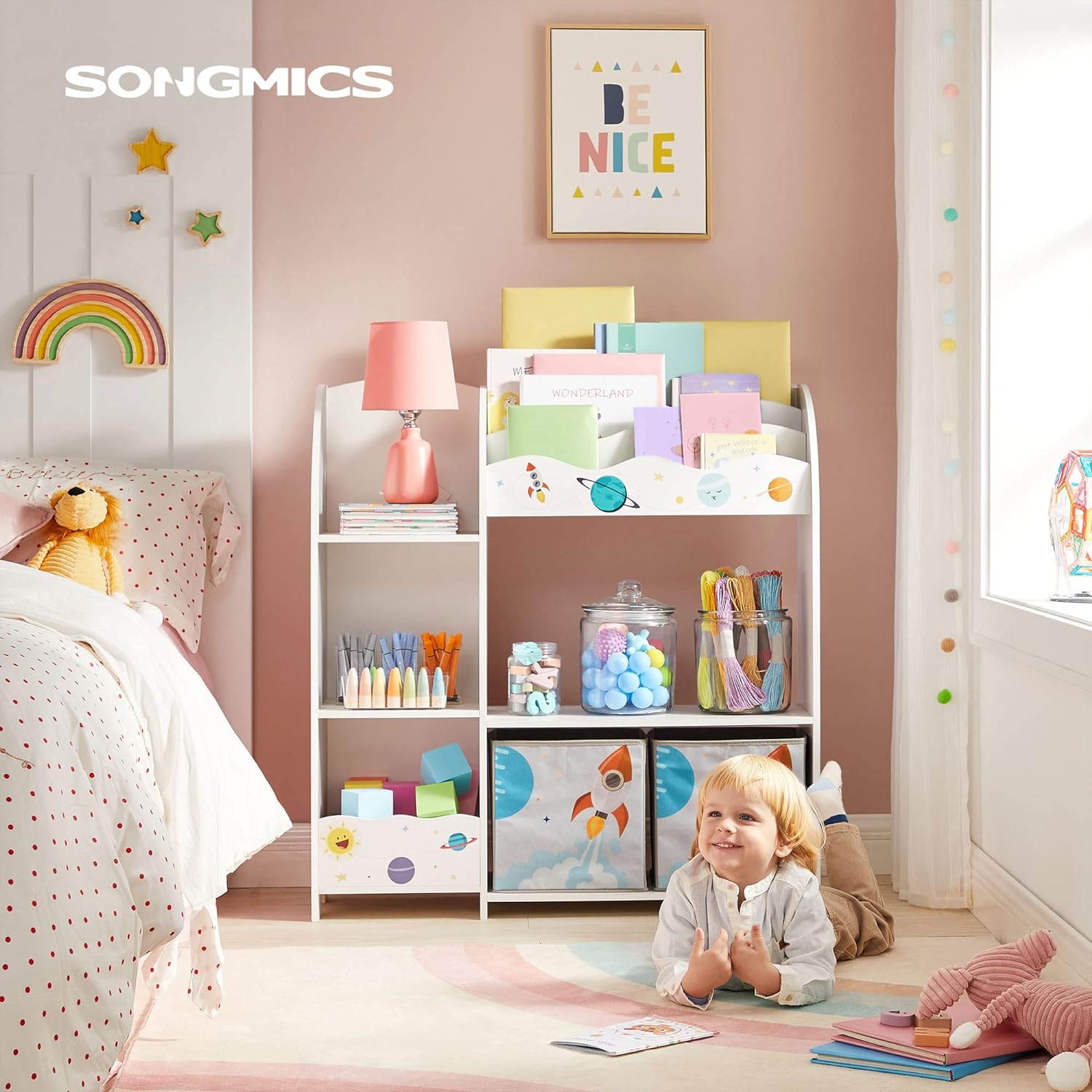Organizator de jucarii si carti pentru copii, multifunctional cu 2 cutii de depozitare, 93x30x100cm, alb