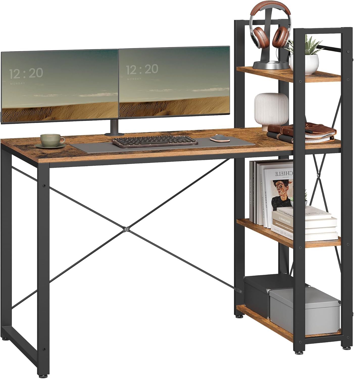 VASAGLE Birou cu raft lateral, montare stanga sau dreapta, industrial, 56x120x120 cm, maro - 2
