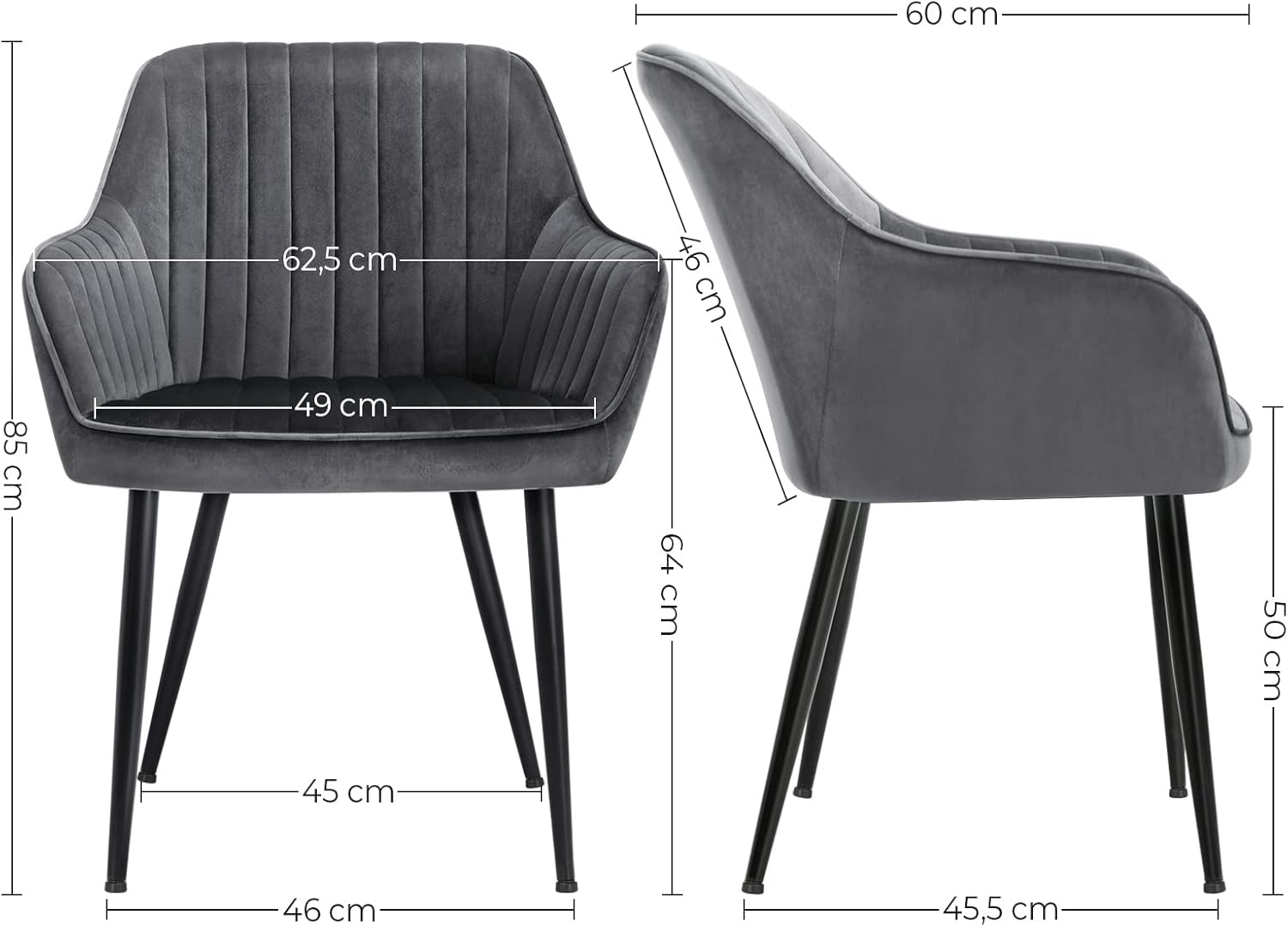 SONGMICS Scaun living tapitat din catifea cu cotiere, sarcina 110 kg, 63x60x85 cm, gri - 6