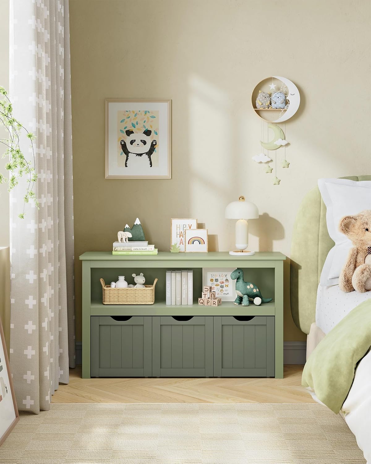 VASAGLE Dulap depozitare jucarii, din MDF, cu 3 compartimente detasabile pe roti, 30x102x60 cm, verde
