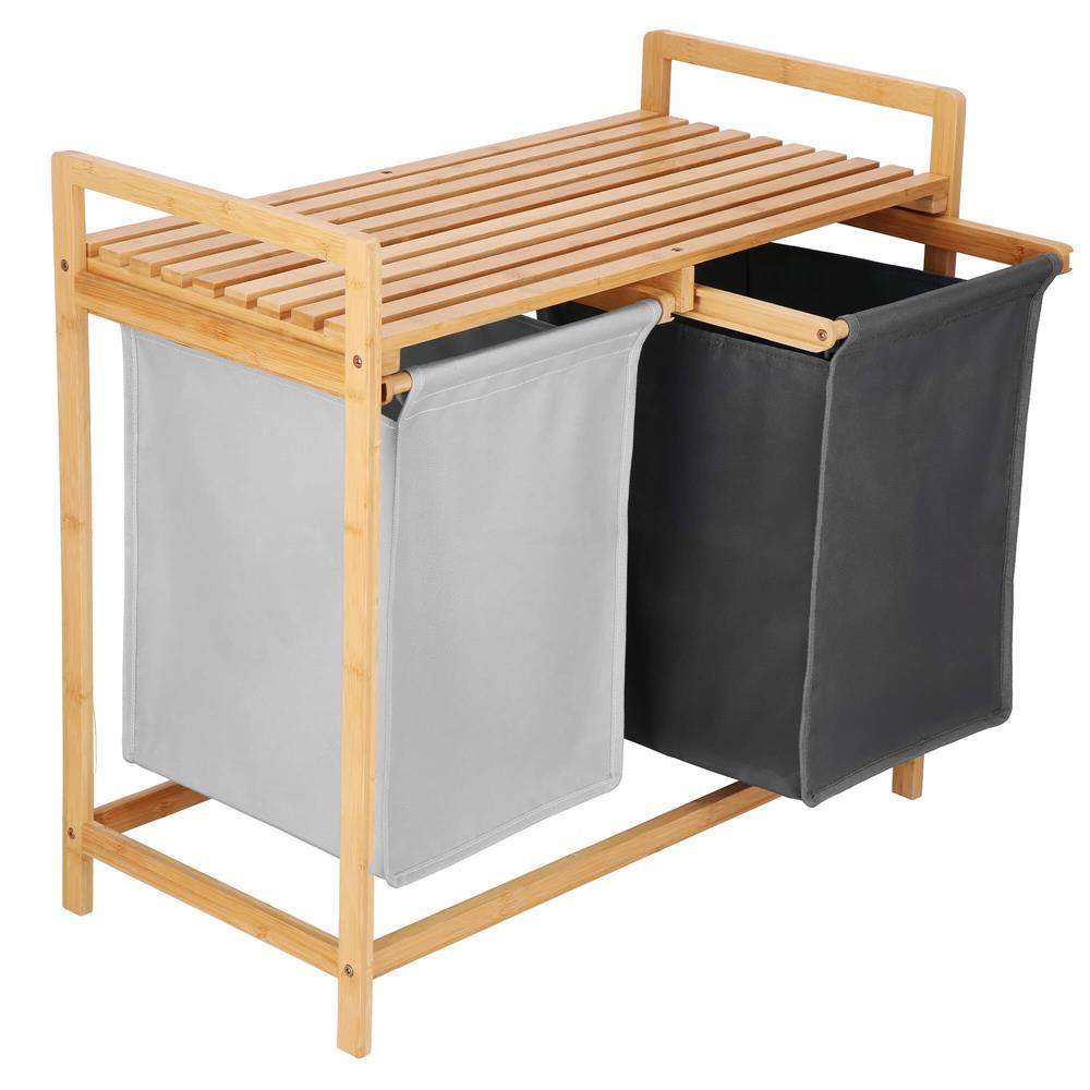 Cos de rufe din bambus, cu 2 saci detasabili, raft superior, capacitate de 40L per sac, 67x36x70cm, maro