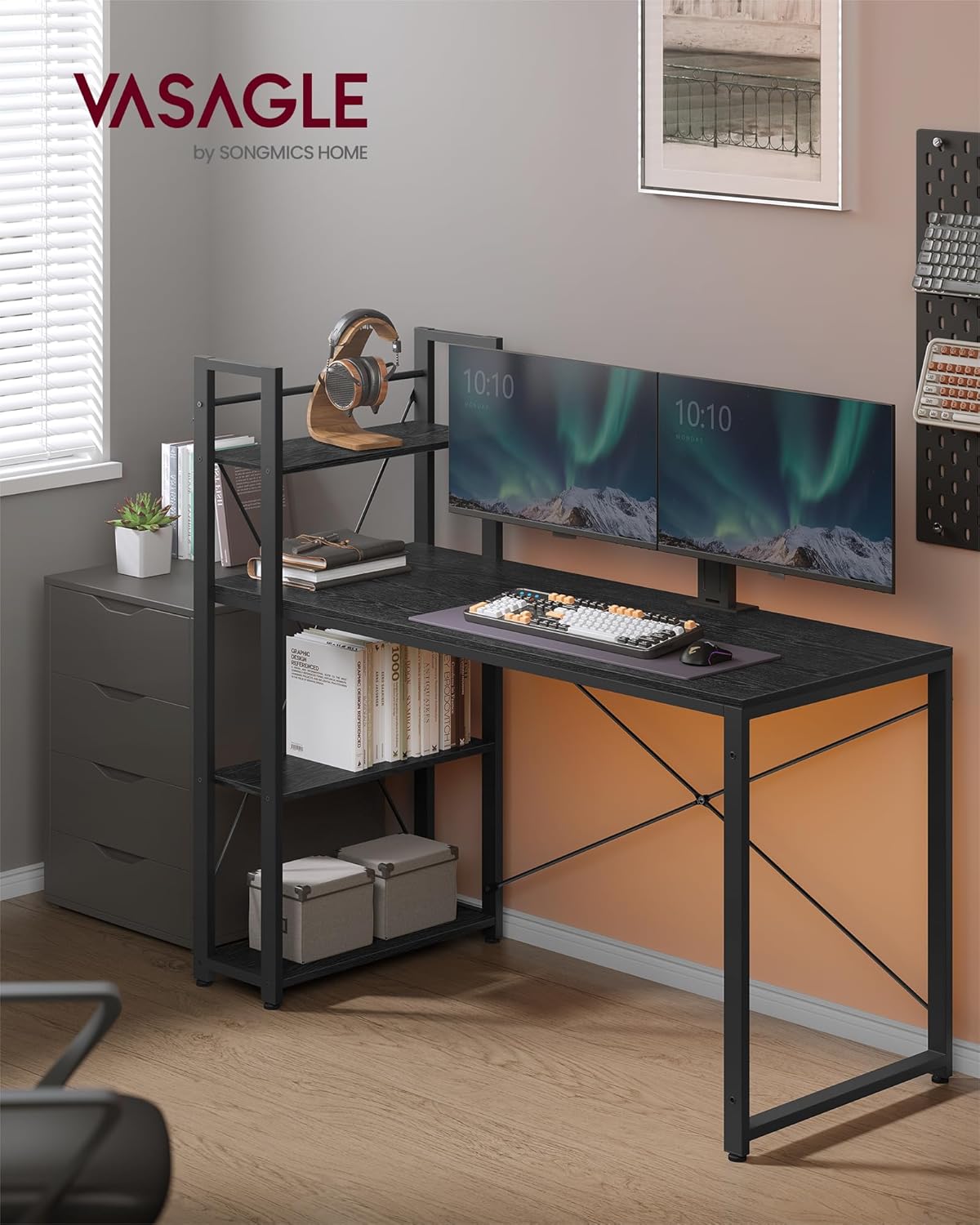 VASAGLE Birou cu raft lateral, montare stanga sau dreapta, industrial, 60x132x119 cm, negru - 2
