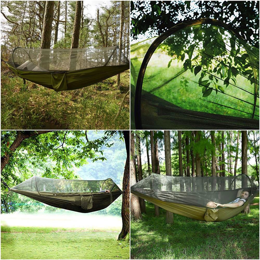 Hamac dublu din material parasuta 140x260cm, cu plasa de tantari si geanta transport, verde