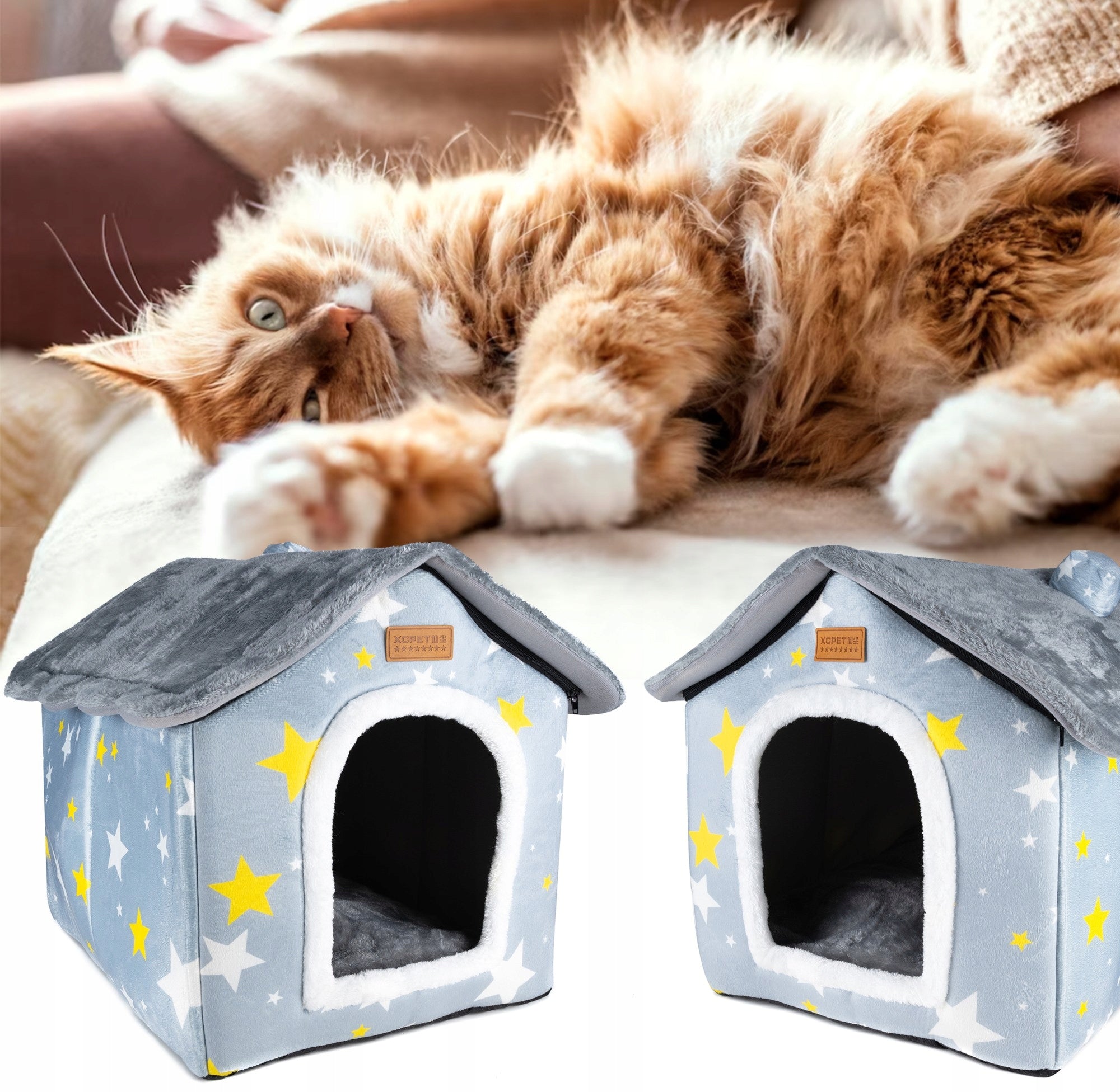 Cusca pentru pisici sau caini de talie mica, pentru interior, din catifea si bumbac, perna inclusa, 52x43x50cm