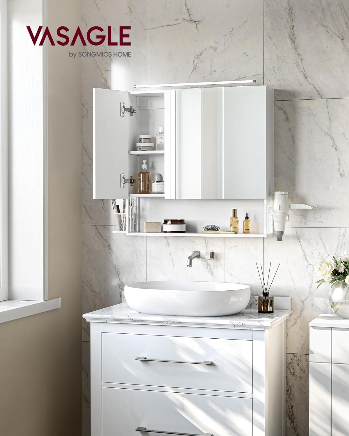 VASAGLE Dulap de baie de perete, 3 usi cu oglinda, compartiment deschis, 15x70x70cm, alb