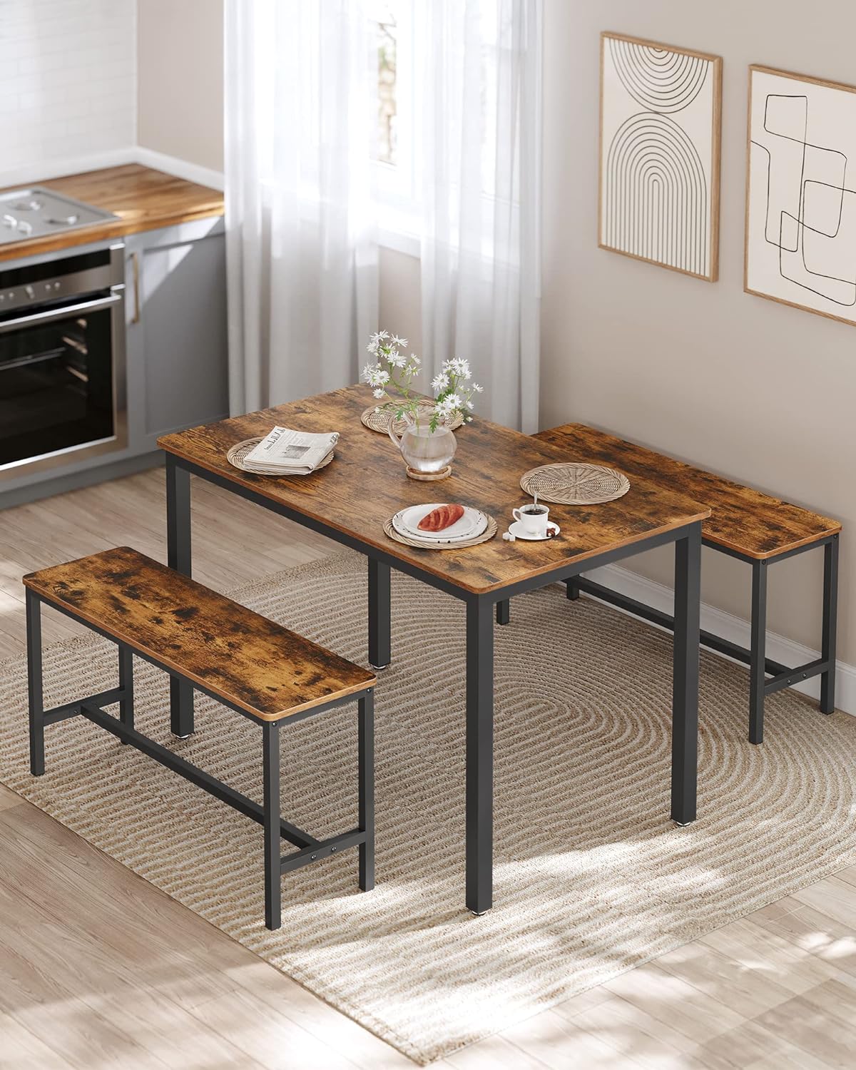 VASAGLE Masa de bar cu 2 banci, design industrial, 110x70x75 cm, maro rustic