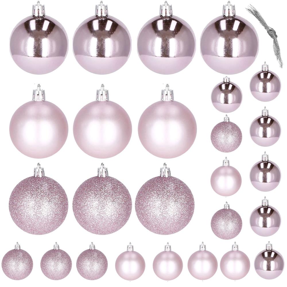 Set globuri de Craciun, 25 bucati, 3 modele, 2,5cm si 4cm, roz