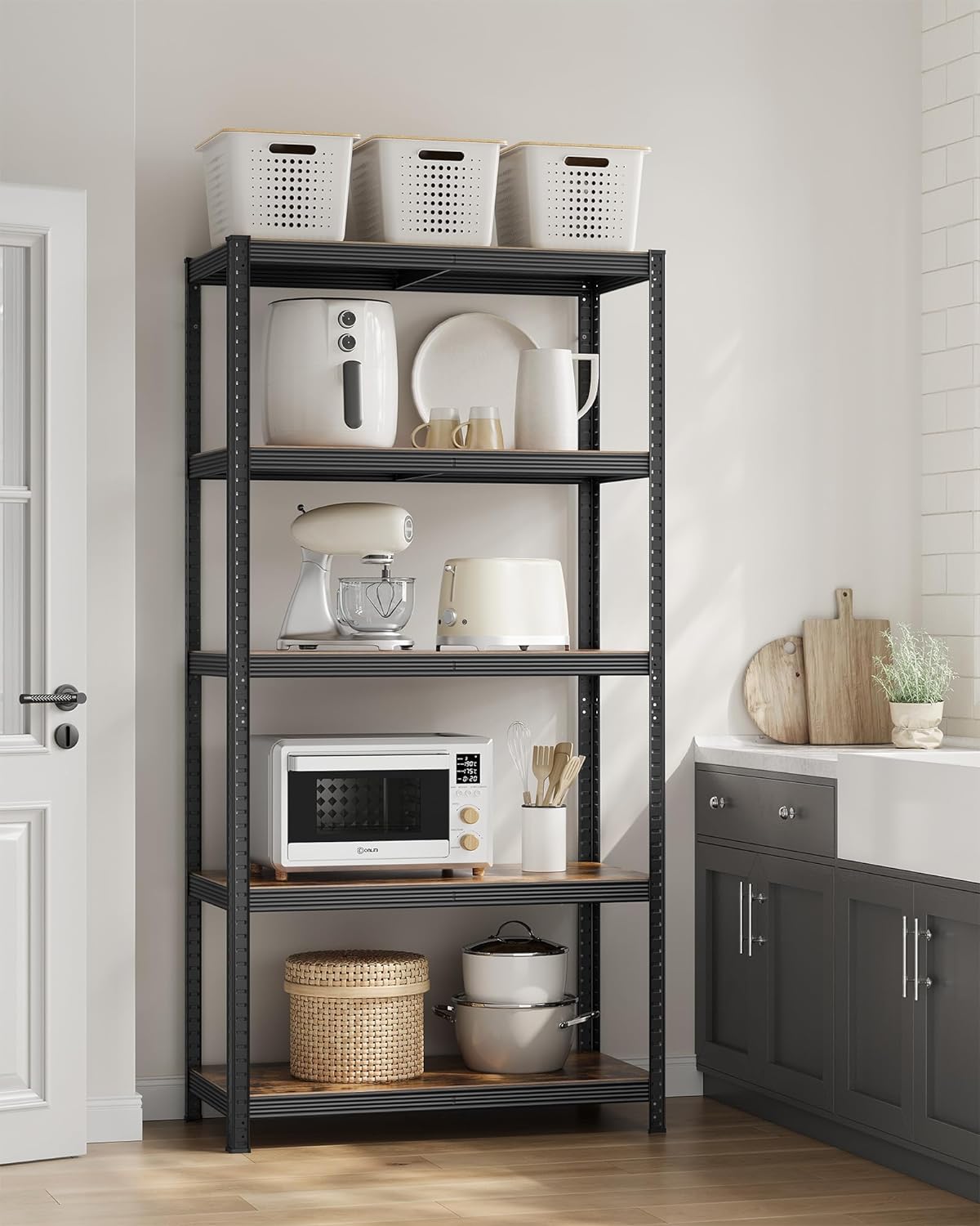 SONGMICS Raft de depozitare metalic, cu polite din PAL, 5 polite, max. 600 kg, 200x100x50cm, maro si negru