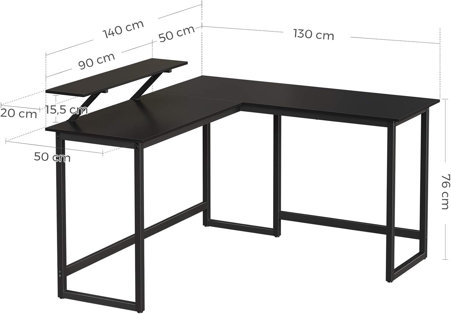 VASAGLE Birou in forma de L cu suport pentru monitor, cadru metalic, 140x130x76cm, negru