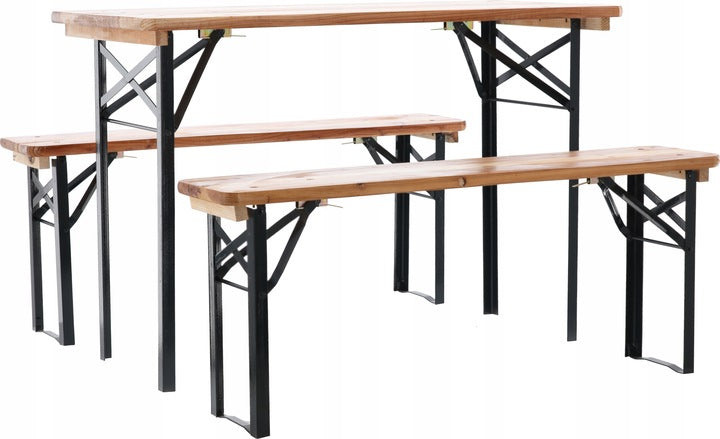 Set berarie din lemn masiv, plabil, pentru terasa sau gradina, o masa si doua banci, 117x56cm, natur
