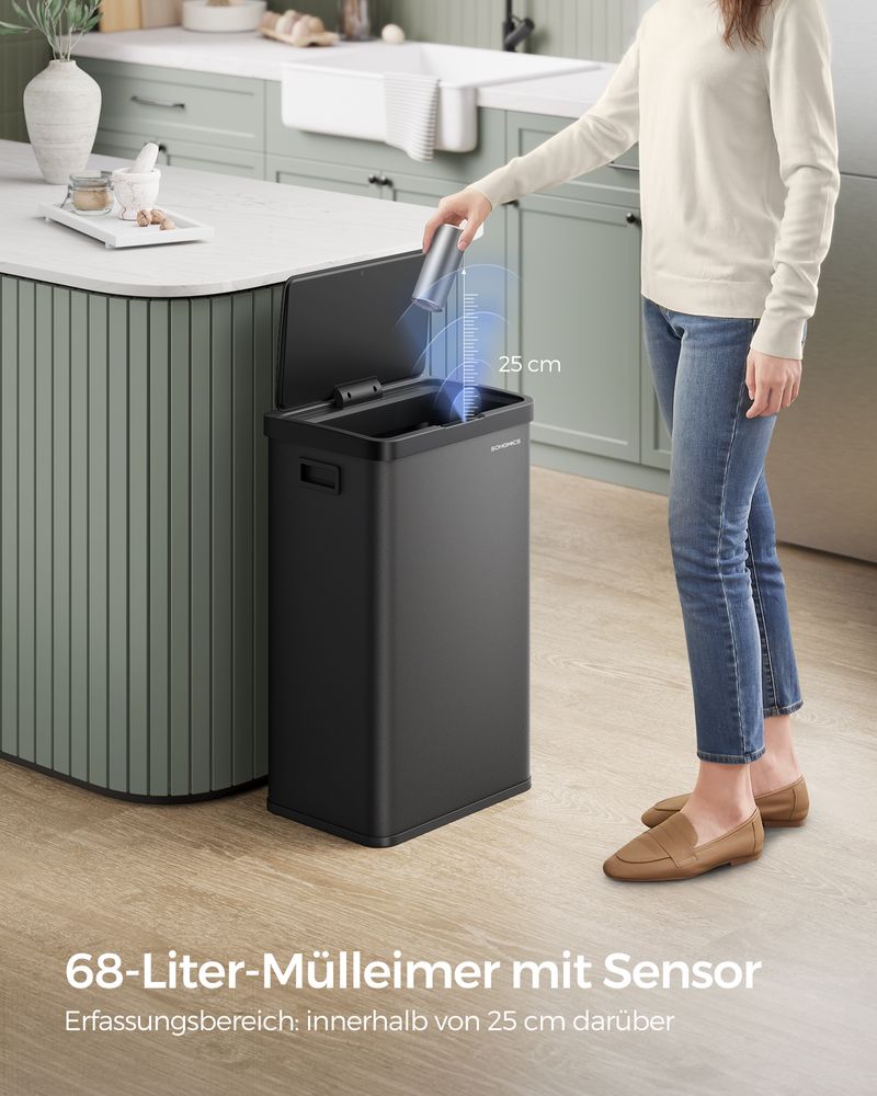 SONGMICS Cos de gunoi din inox, cu senzor si soft-close, 68 litri, 41x30x67 cm, negru
