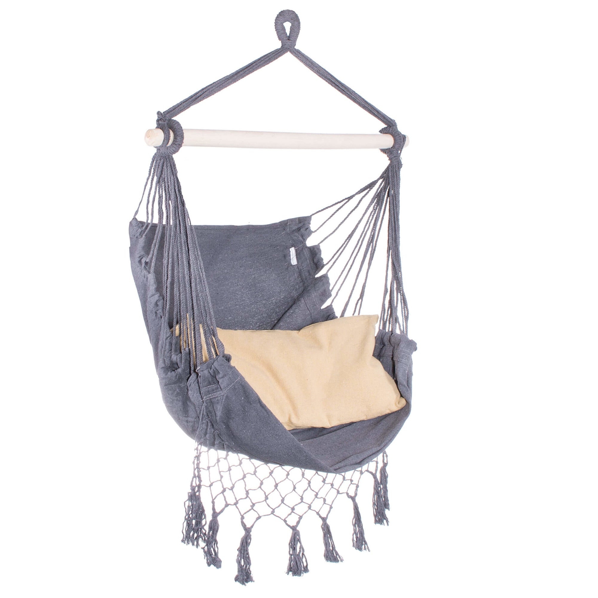 Hamac tip leagan suspendat pentru casa sau gradina HM12, gri inchis cu perne, 130x100cm, 150kg