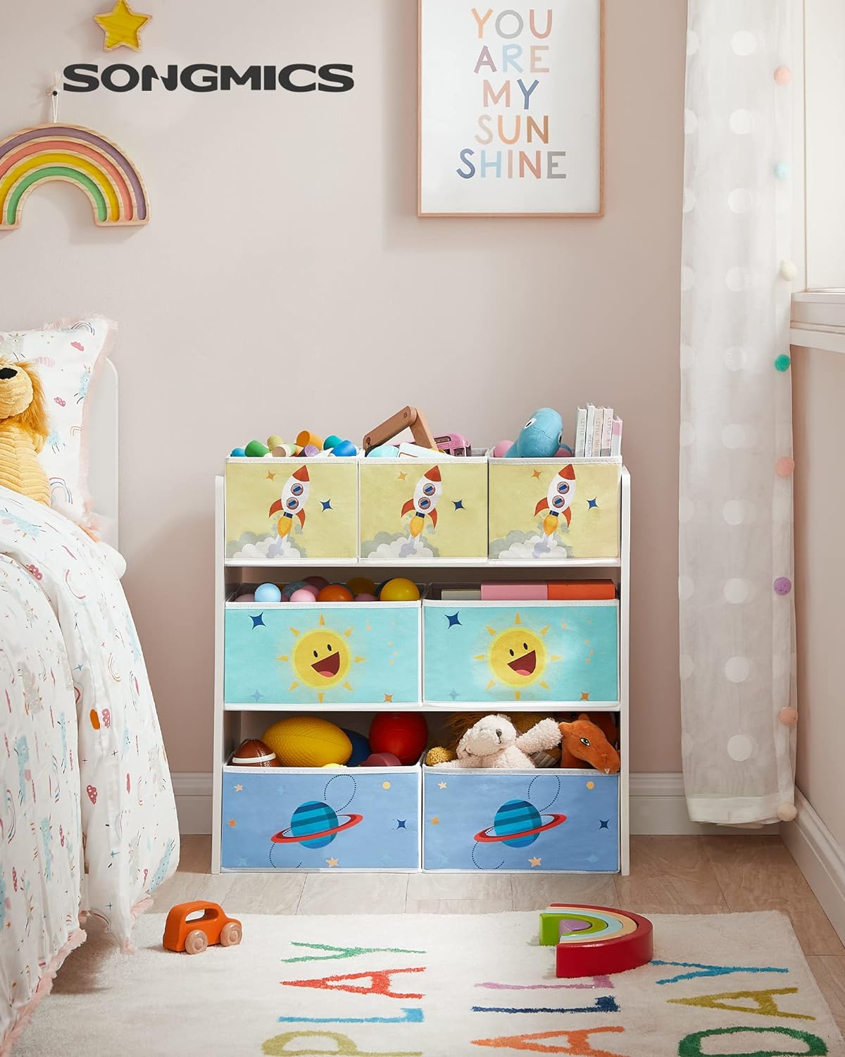 SONGMICS Raft de depozitare jucarii, 7 cutii detasabile din tesatura, 63x30x60cm, alb