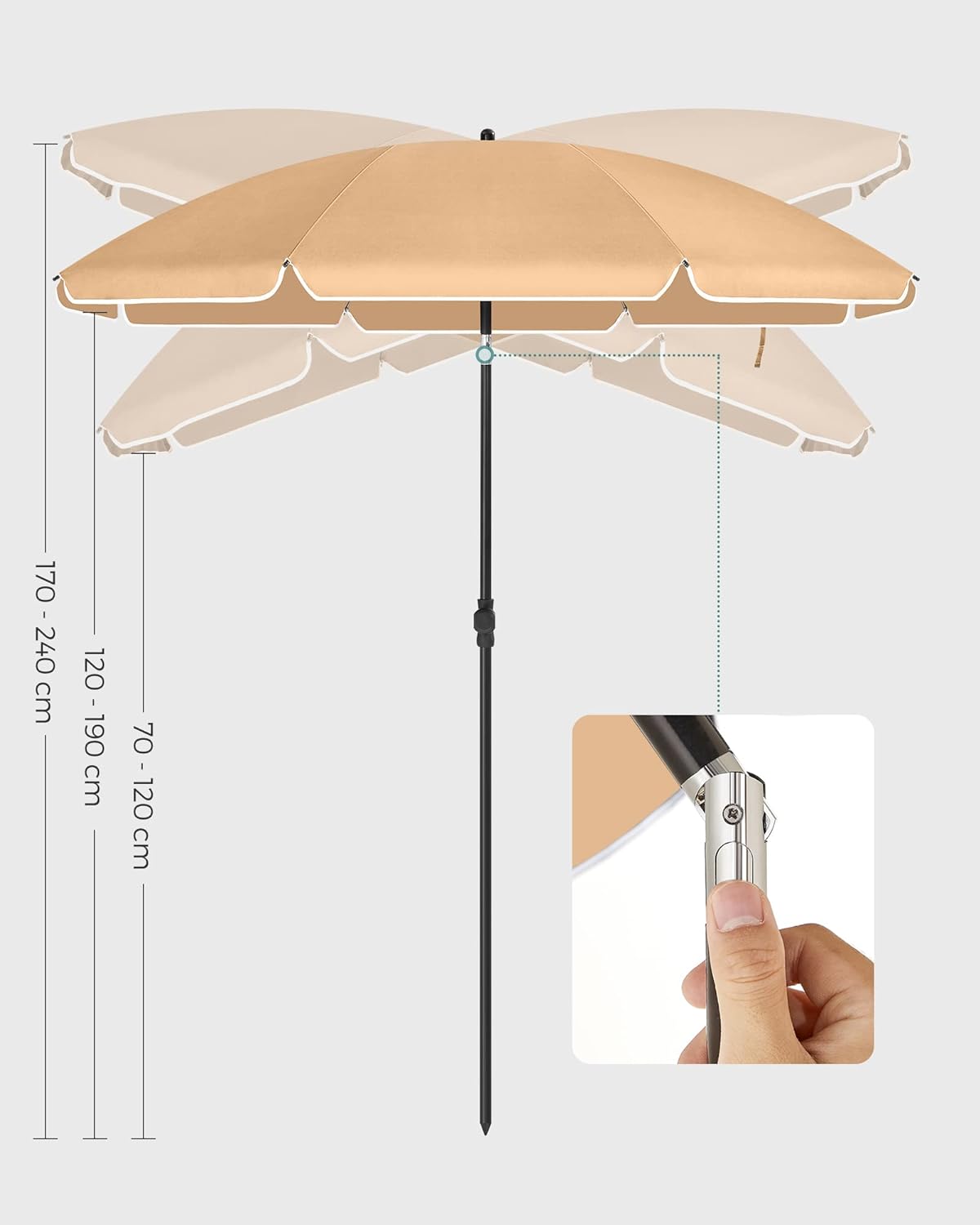 SONGMICS Umbrela terasa gradina sau plaja, cu inclinare, husa, diametru 200cm, taupe - 9
