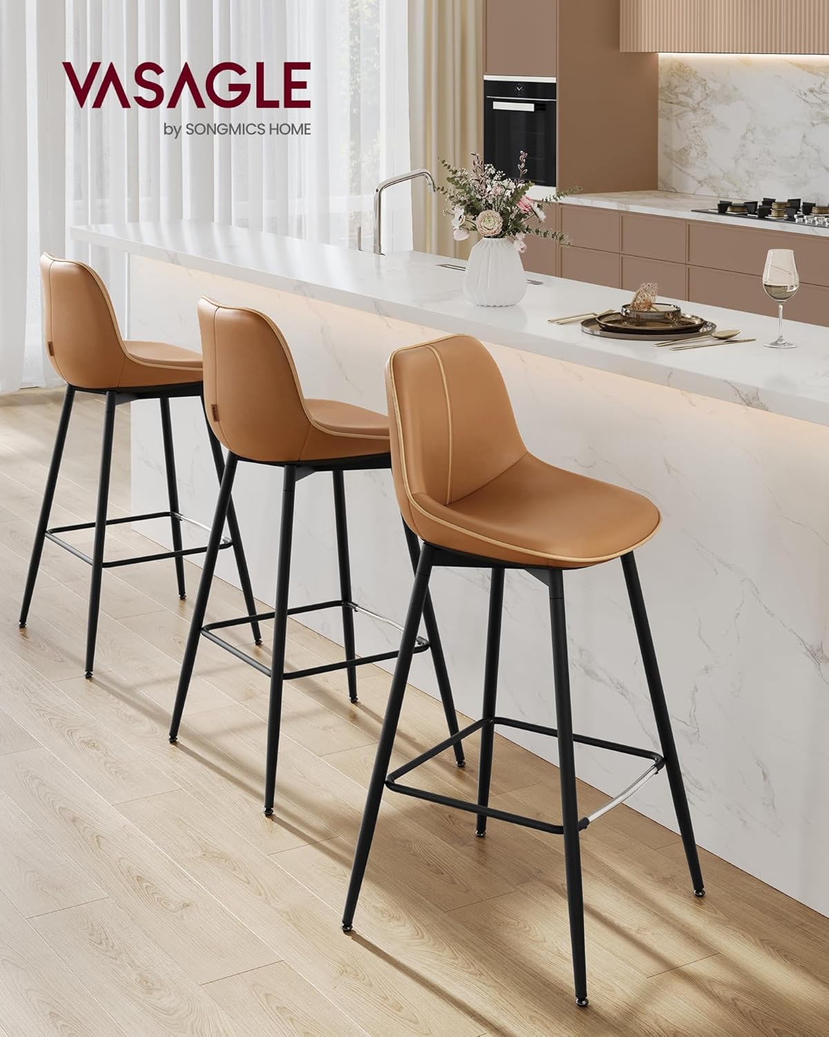 VASAGLE Set 2 scaune de bar, spatar ergonomic din piele ecologica, cadru metalic, 50x50x99 cm, maro caramel
