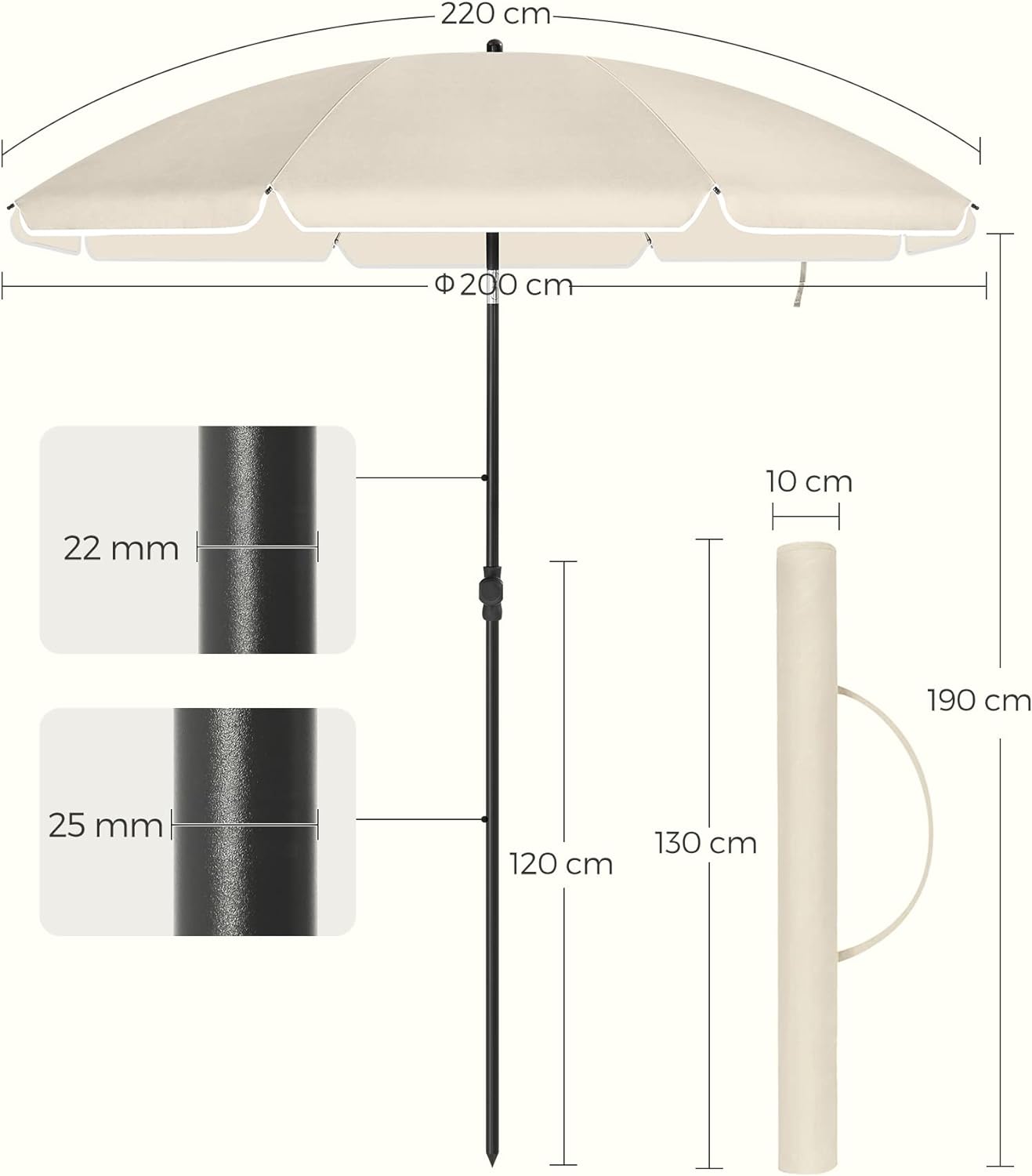 SONGMICS Umbrela terasa gradina sau plaja, cu inclinare, husa, diametru 200cm, bej