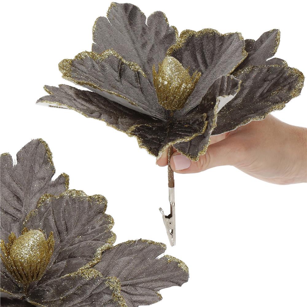 Set 5 ornamente pentru bradul de Craciun, stea Poinsettia, 23cm, gri auriu