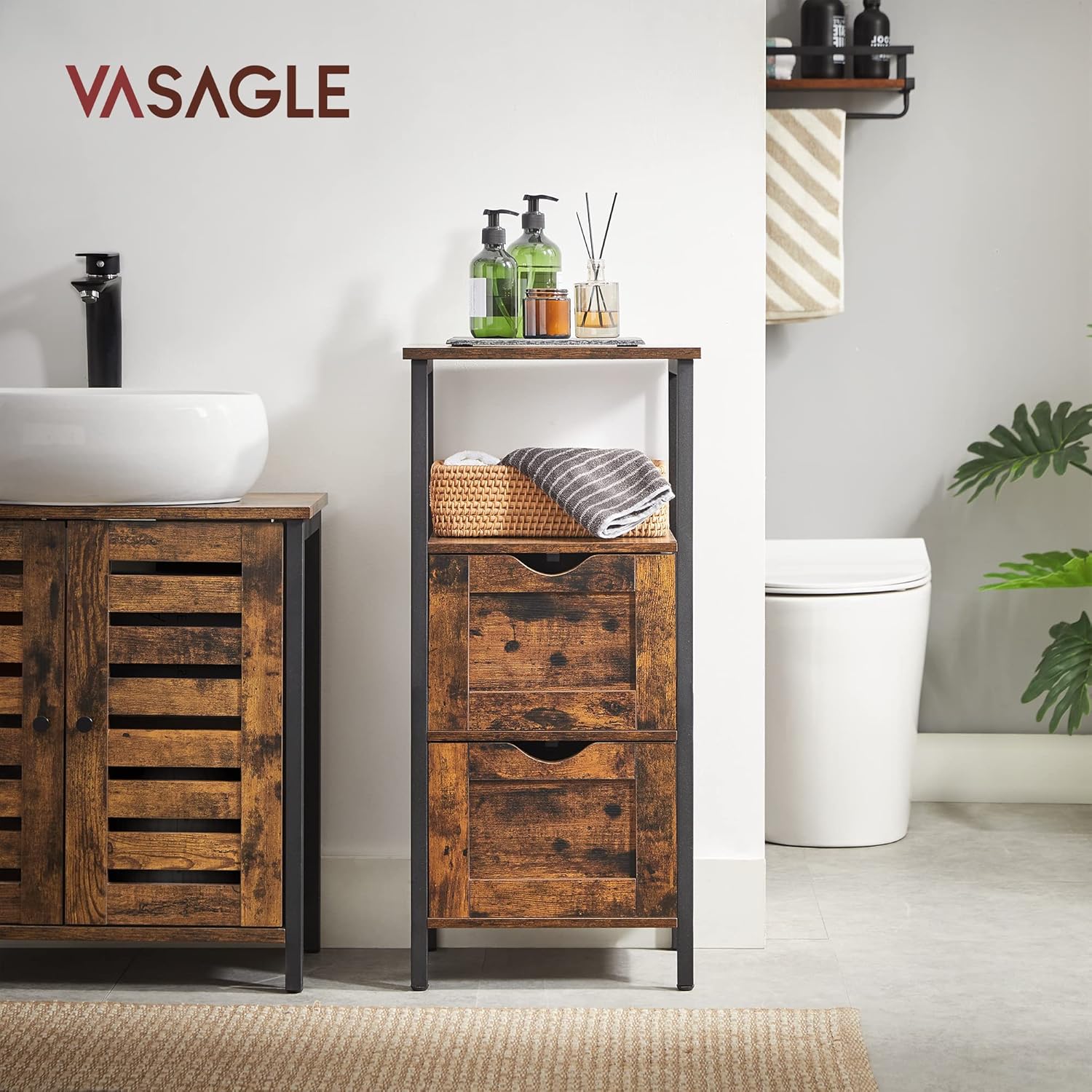 VASAGLE Noptiera inalta, din MDF, cu 2 sertare reglabile, 37x30x80 cm, maro rustic