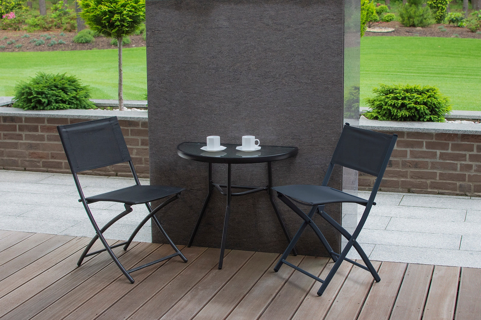 Set mobilier gradina sau balcon, masa semirotund sticla cu 2 scaune pliabile, gri