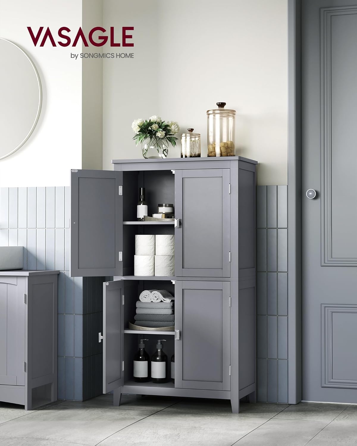 VASAGLE Dulap de baie, din MDF, cu 2 compartimente si 4 usi, rafturi reglabile, 30x60x110cm, gri
