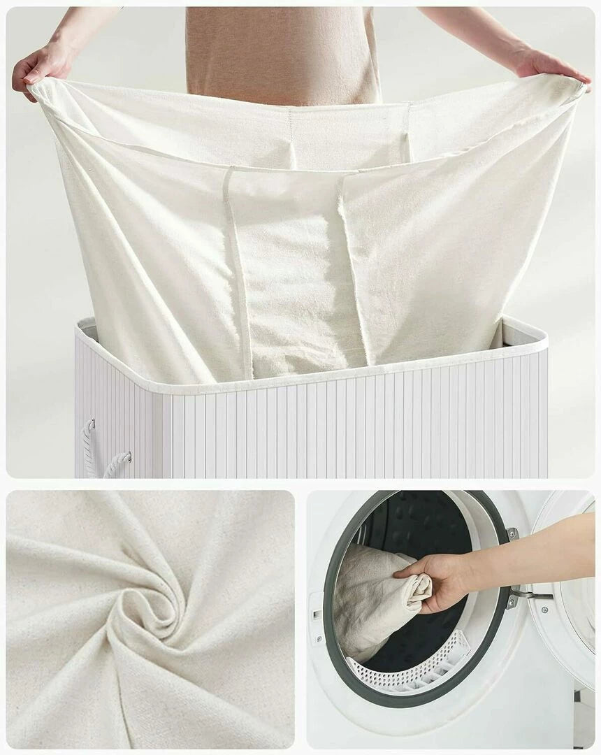 SONGMICS Cos de rufe din bambus, pliabil, cu captuseala detasabila lavabila, 3 compartimente, 150L, 60x40x62cm, alb