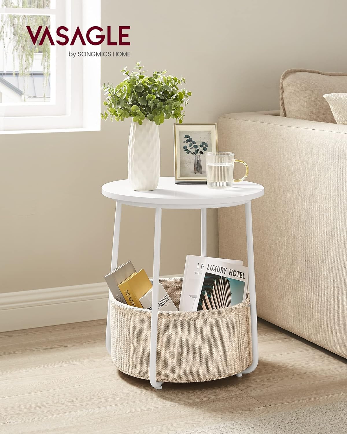 Masuta de cafea rotunda cu cos de stofa, stil modern, 45x50cm, alb cu bej