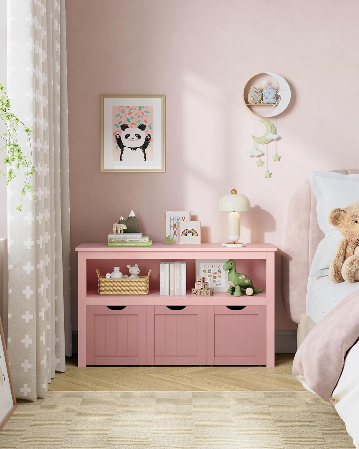 VASAGLE Dulap depozitare jucarii, din MDF, cu 3 compartimente detasabile pe roti, 30x102x60 cm, roz