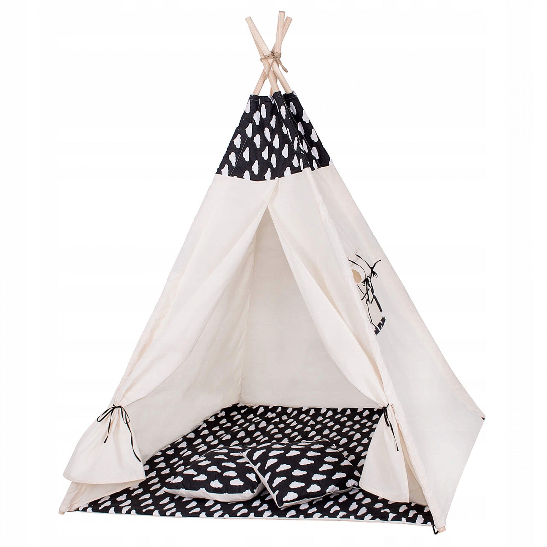 Cort copii Sersimo stil indian Teepee Tent cu fereastra, covoras gros si 2 perne, alb negru cu norisori