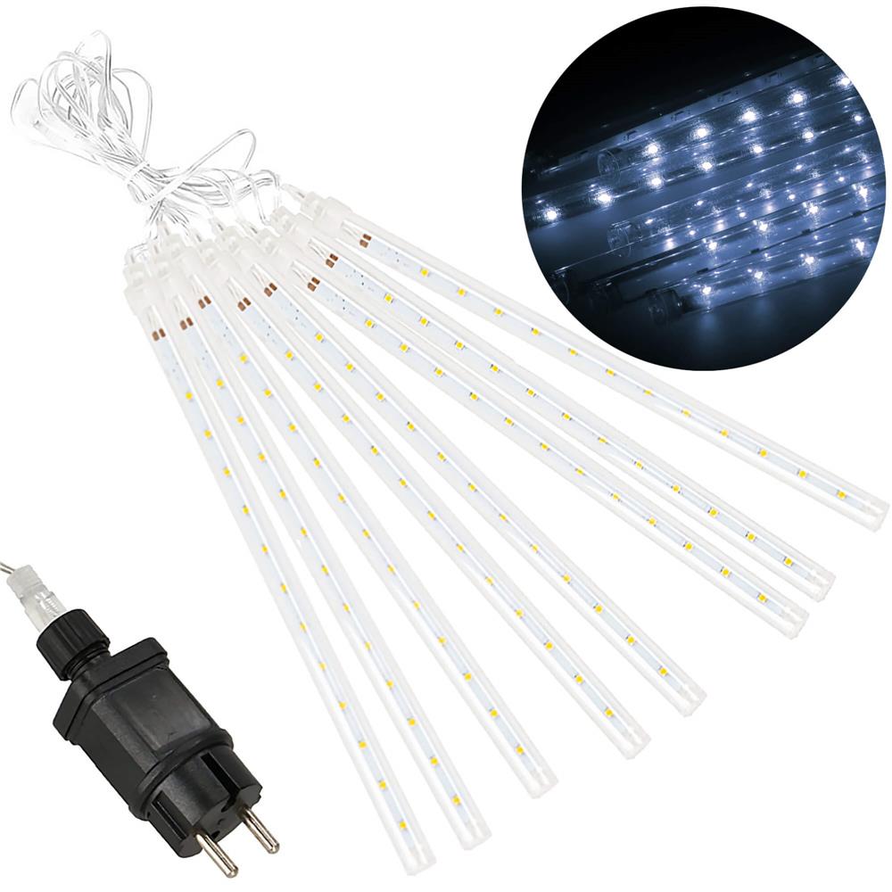 (DL) Instalatie de Craciun, 8 tuburi, 30cm, 144 LED, ploaie de meteoriti, alb