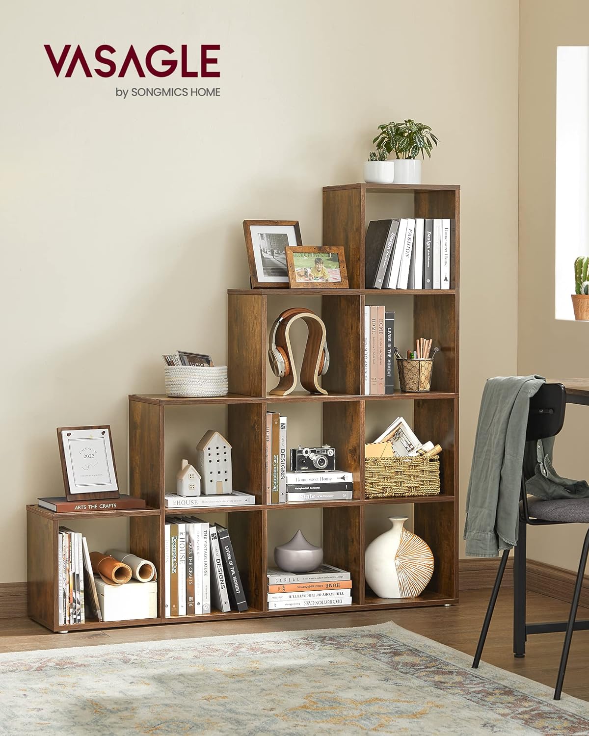 VASAGLE Biblioteca cu 10 compartimente, unitate de depozitare pentru decoratiuni, din lemn, 29x129x129cm, maro rustic