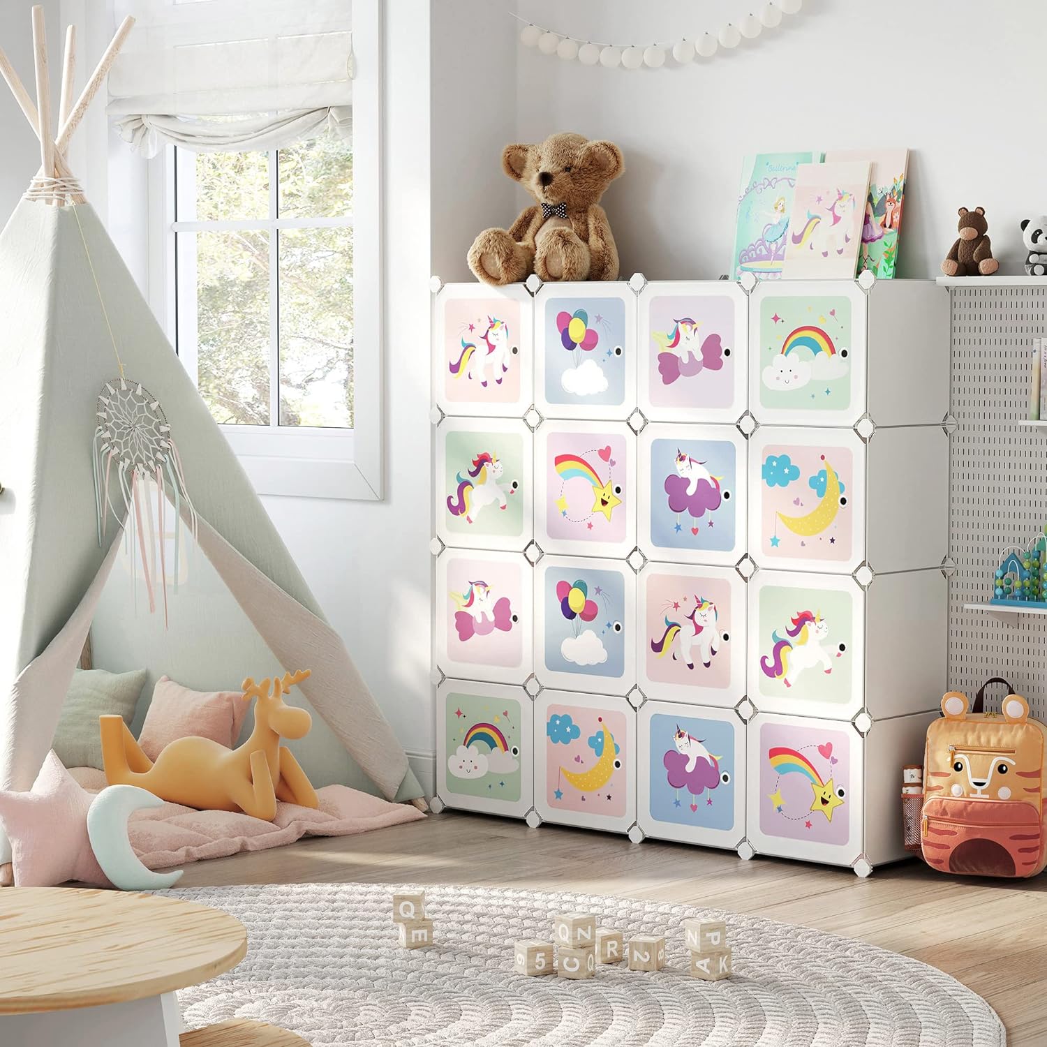 SONGMICS Dulap modular de depozitare jucarii, 16 cuburi cu usi, 123x31x123cm, alb