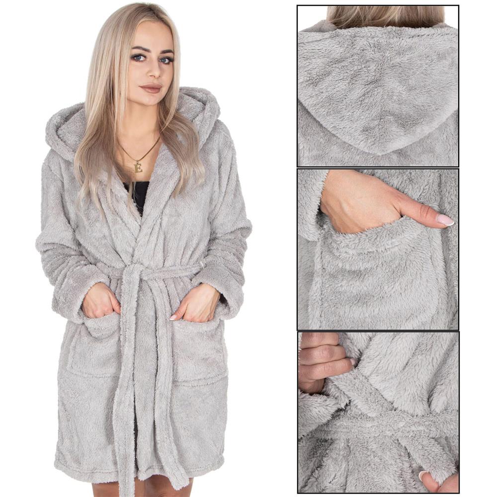 Halat de baie pentru femei pana la genunchi, cu gluga, marimea L/XL, gri