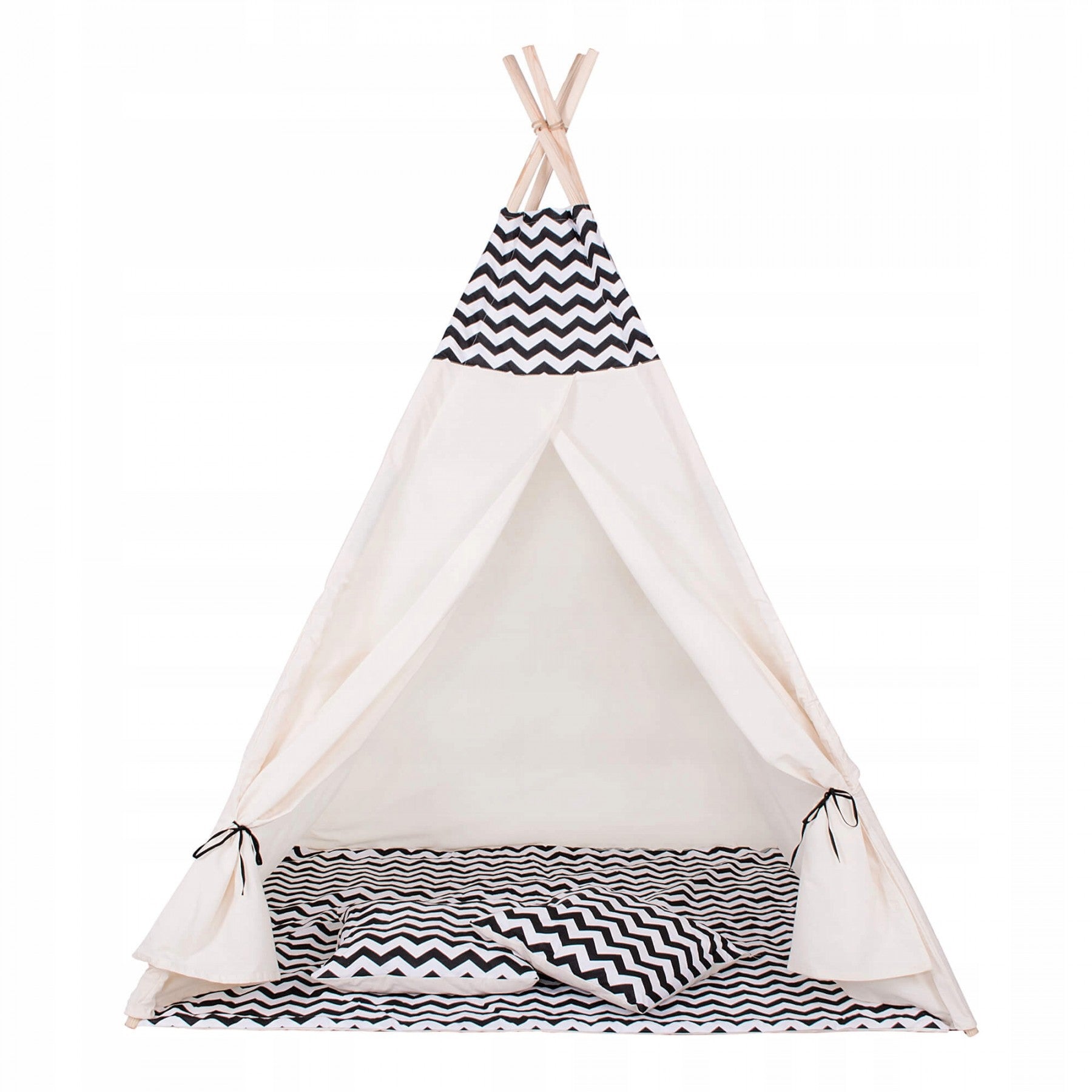 Cort copii Sersimo stil indian Teepee Tent cu fereastra, covoras gros si 2 perne, alb negru zig zag