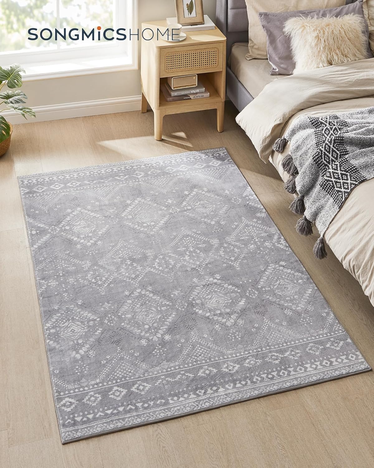 SONGMICS Covor decorativ antiderapant, stil boho, lavabil la masina, 120×170 cm, gri