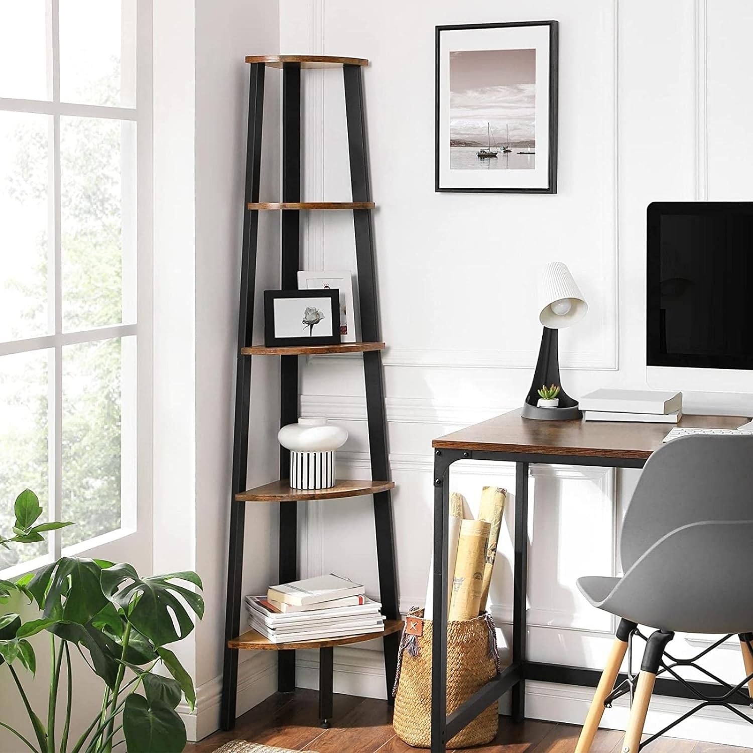 VASAGLE Raft de colt cu 5 etaje, tip biblioteca, cadru metal si polite lemn, 33x34x159cm, industrial, maro rustic si negru