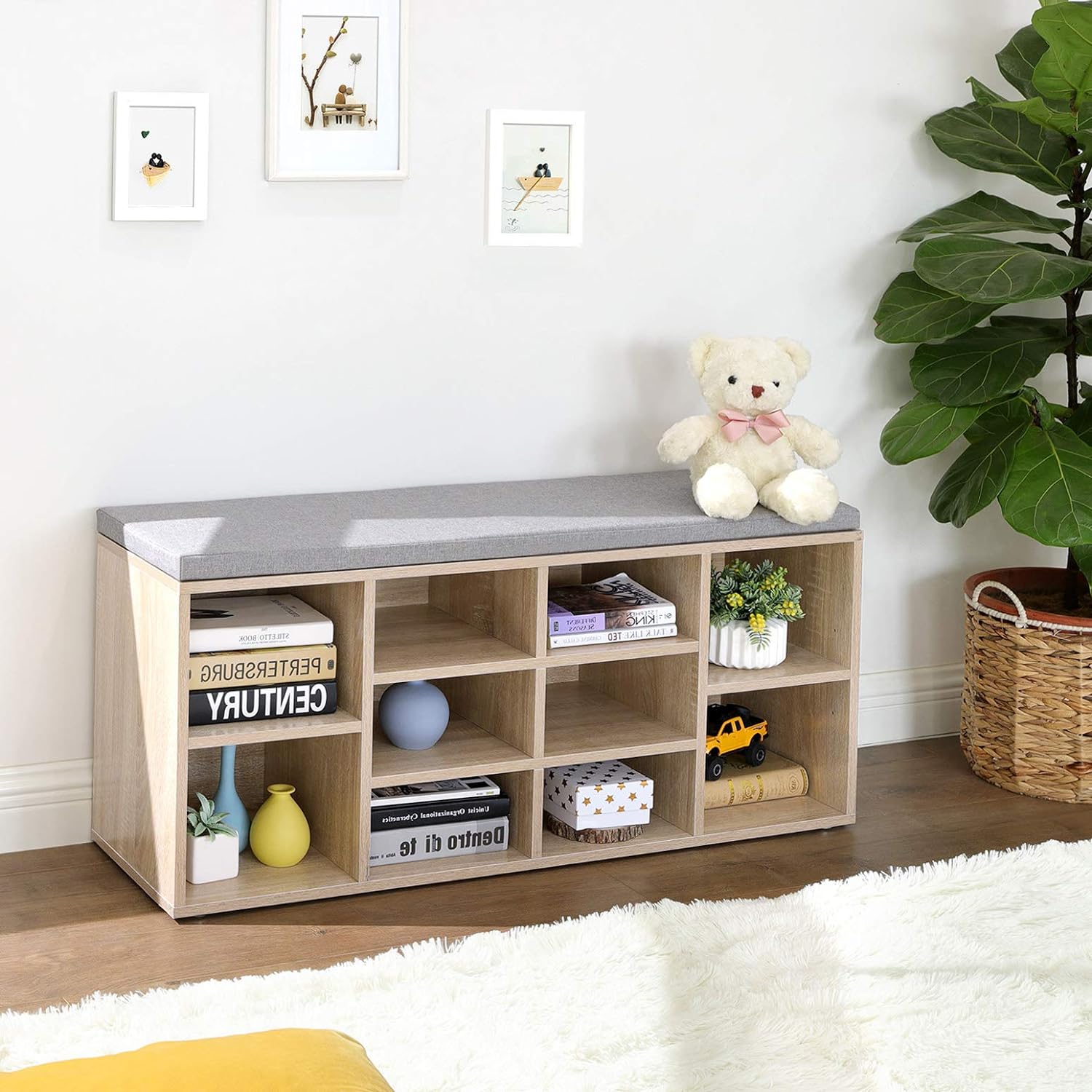 VASAGLE Banca pentru hol cu suport pentru pantofi, 10 compartimente, cu perna, 104x48x30cm, stejar
