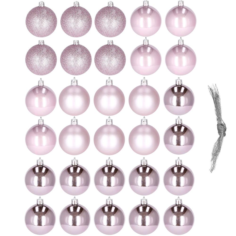 Set globuri de Craciun, 30 bucati, 4 modele, 3cm, roz